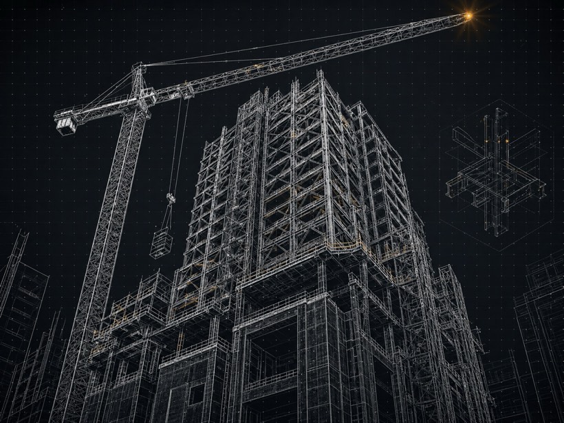 Строительный кран и каркас здания в чертеже